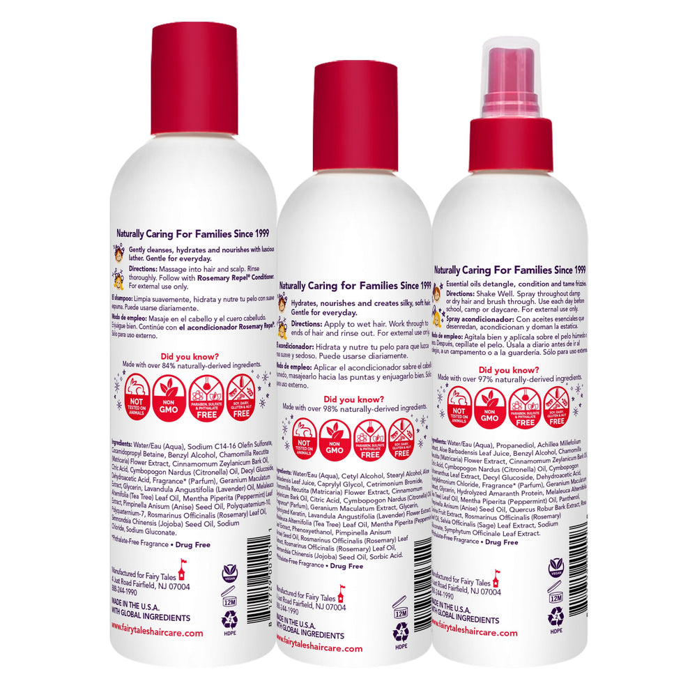 Fairy Tales Rosemary Repel conditioner bottle highlighting detangling and smoother strands.