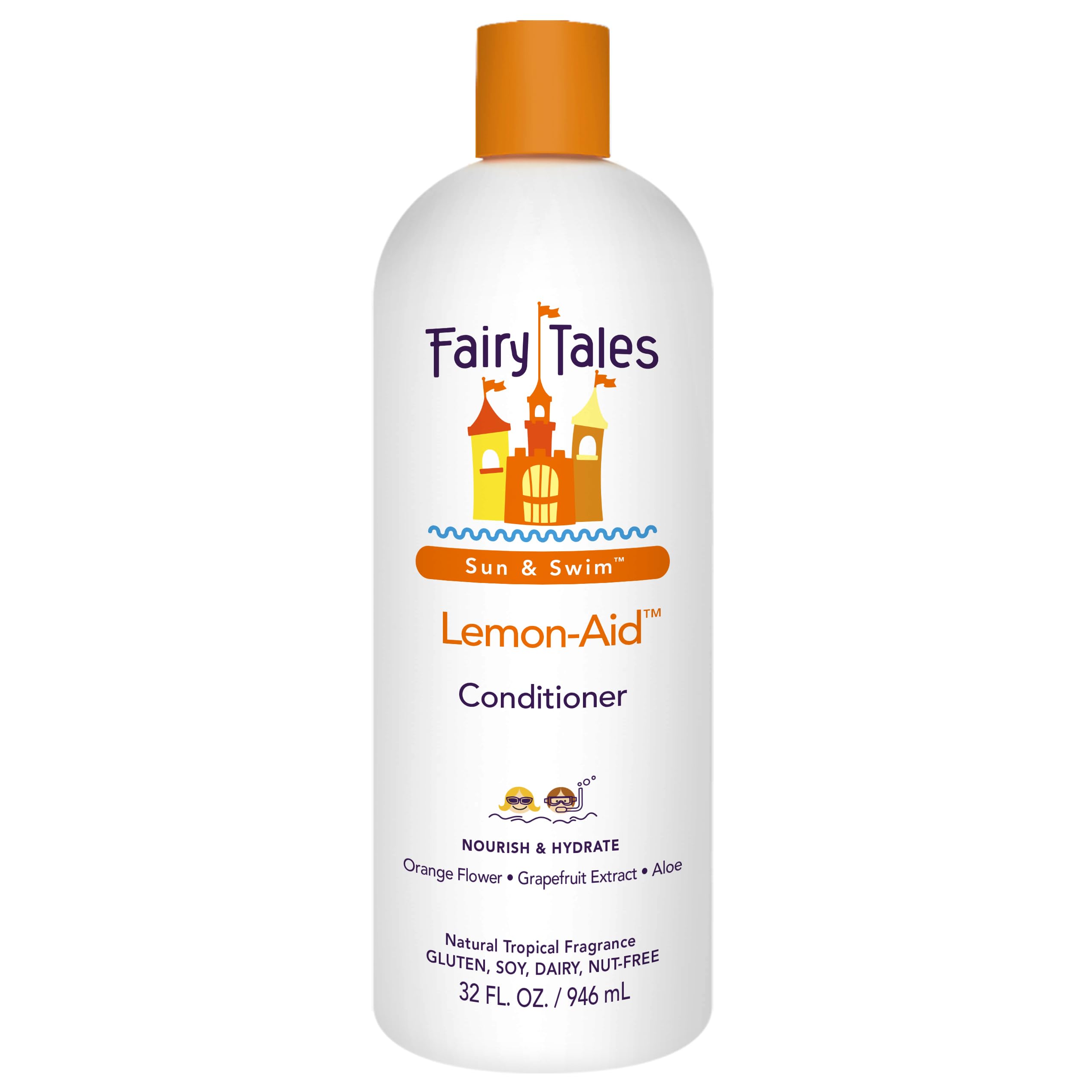 Fairy Tales Swimmer Conditioner bottle highlights kid-friendly hydration for sun-damaged hair.