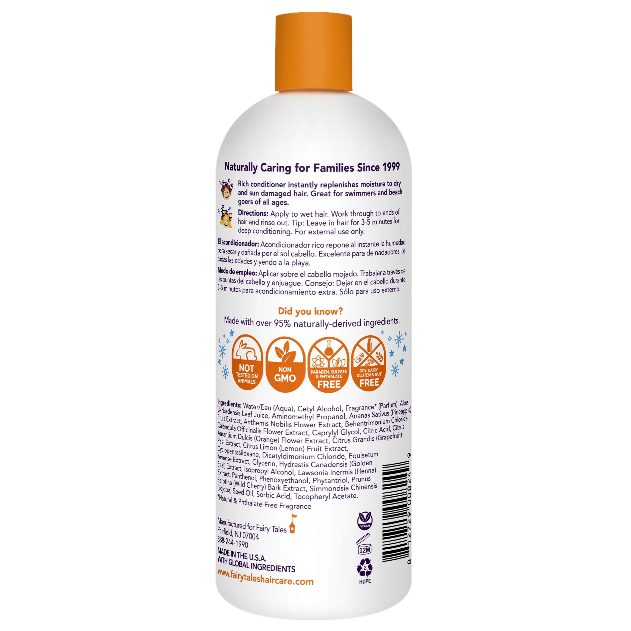 Fairy Tales Swimmer Conditioner front label detail highlights natural ingredients and safety.
