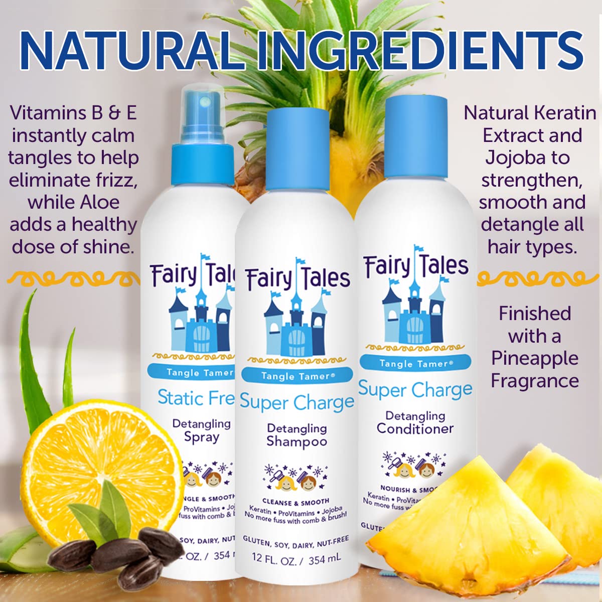 Close-up of Fairy Tales label highlighting Panthenol and Vitamin E benefits