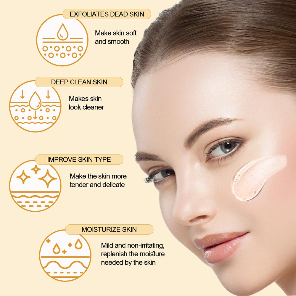 Product shown on damp skin for a smoother pore appearance with FAIRYTALESPACE scrub