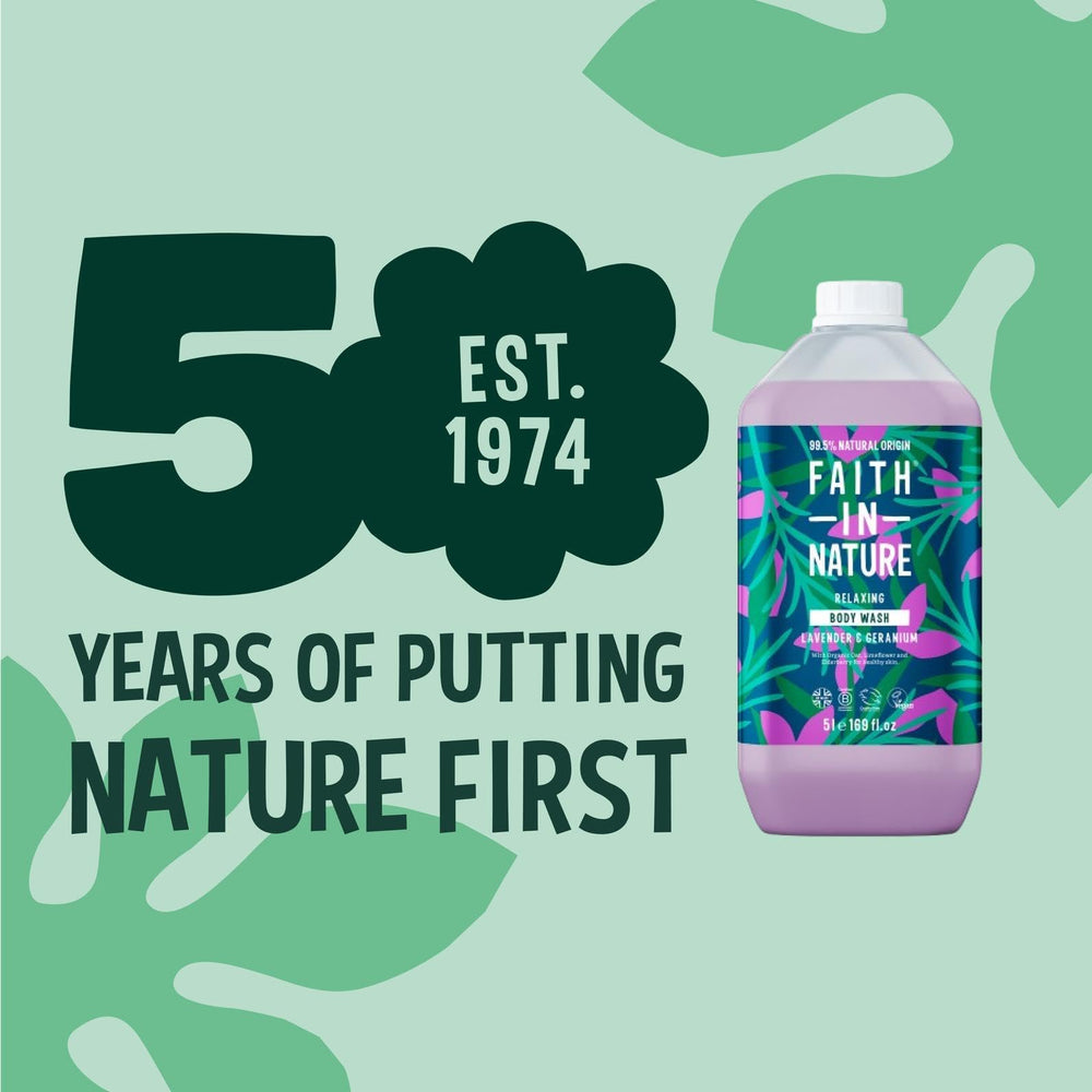 Close-up of Faith In Nature body wash pouring into a foamy lather for everyday use