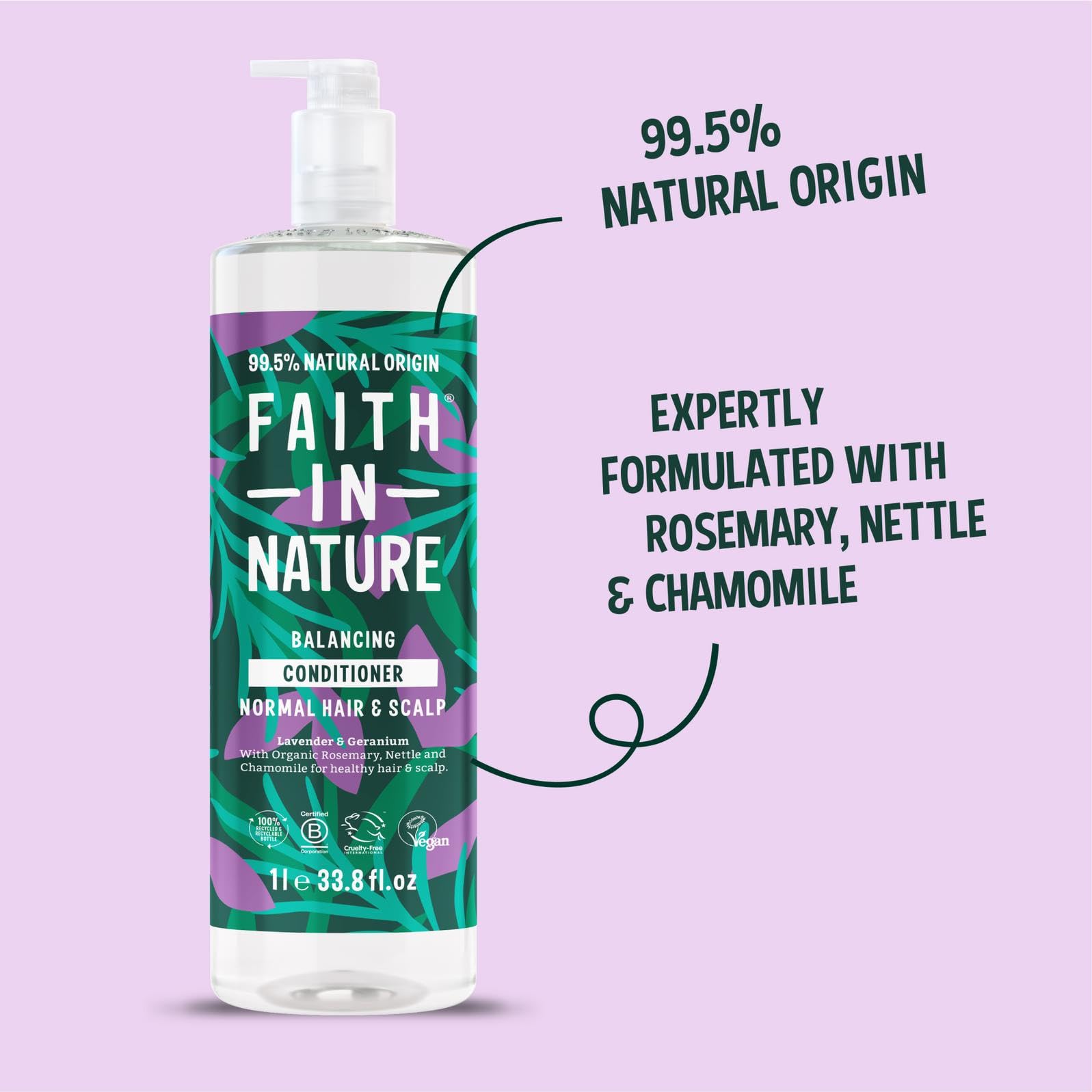 Faith in Nature eco-friendly packaging displayed beside plant-themed backdrop.