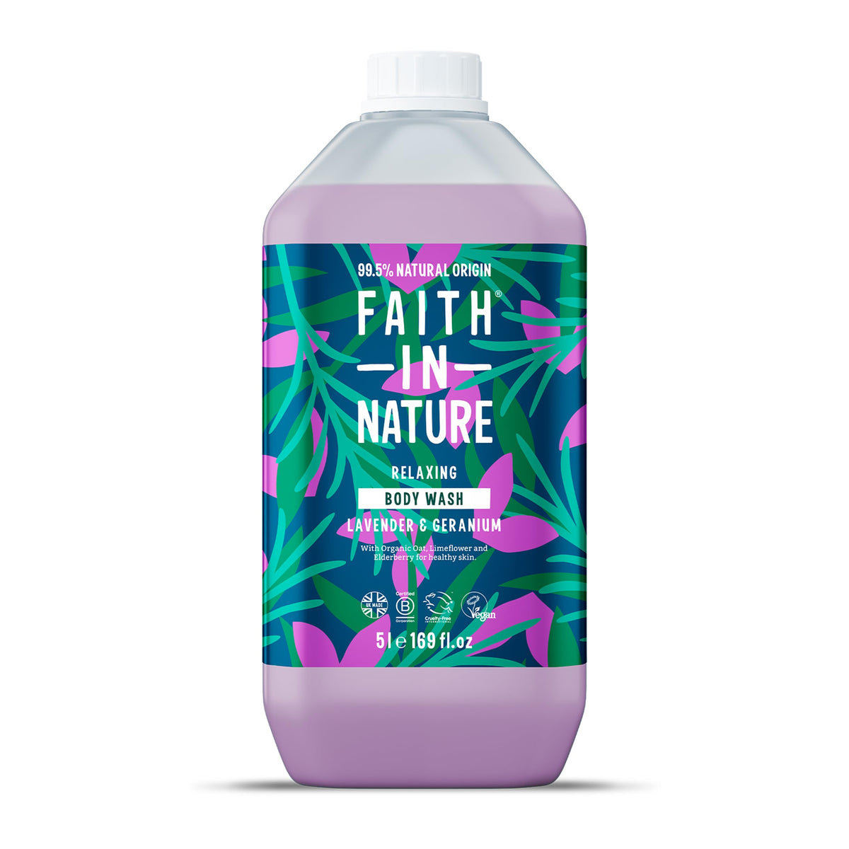 Faith In Nature lavender and geranium body wash bottle on bathroom shelf for a gentle cleanse