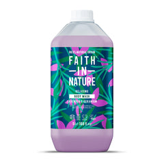 Faith In Nature lavender and geranium body wash bottle on bathroom shelf for a gentle cleanse