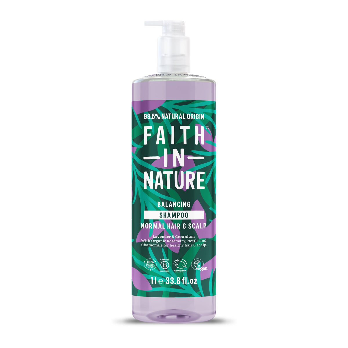 Faith in Nature natural shampoo bottle with calming lavender and geranium for a gentle cleanse