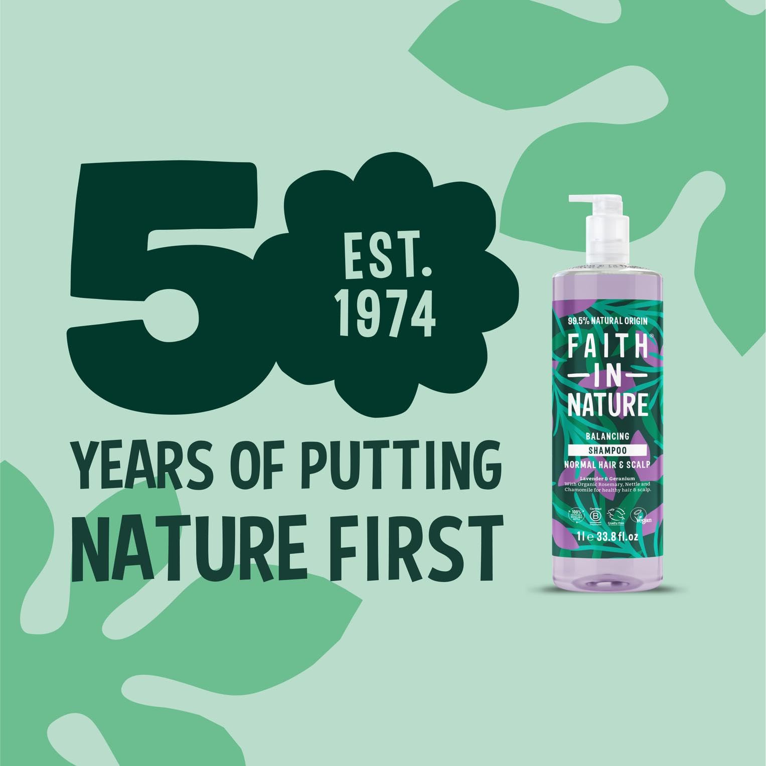 Pouring Faith in Nature shampoo from a large family-size bottle for easy use