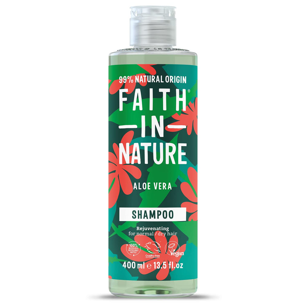 Faith in Nature Rejuvenating Aloe Vera Shampoo bottle highlights vegan formula for gentle cleansing