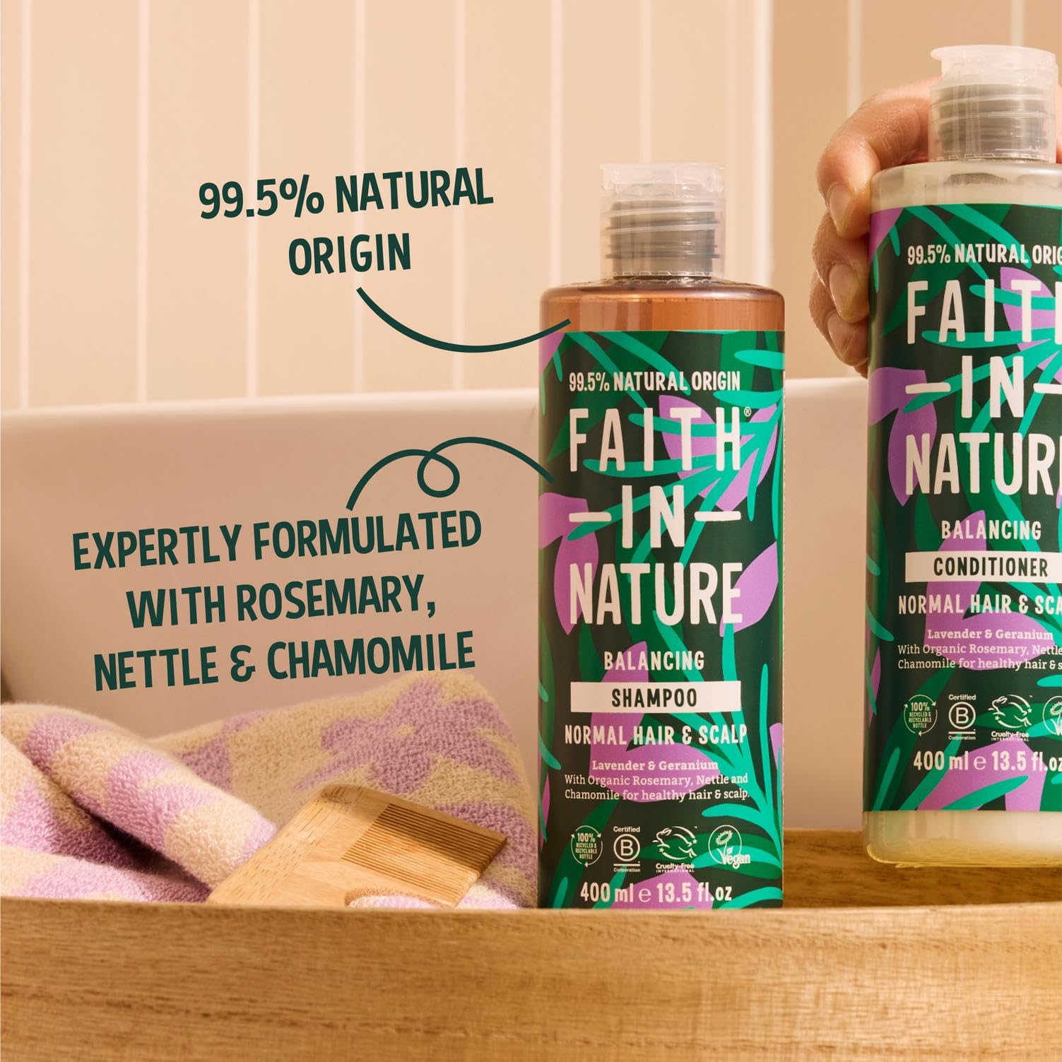 Lavender-geranium scent close-up evokes calming aroma during shower with FAITH IN NATURE