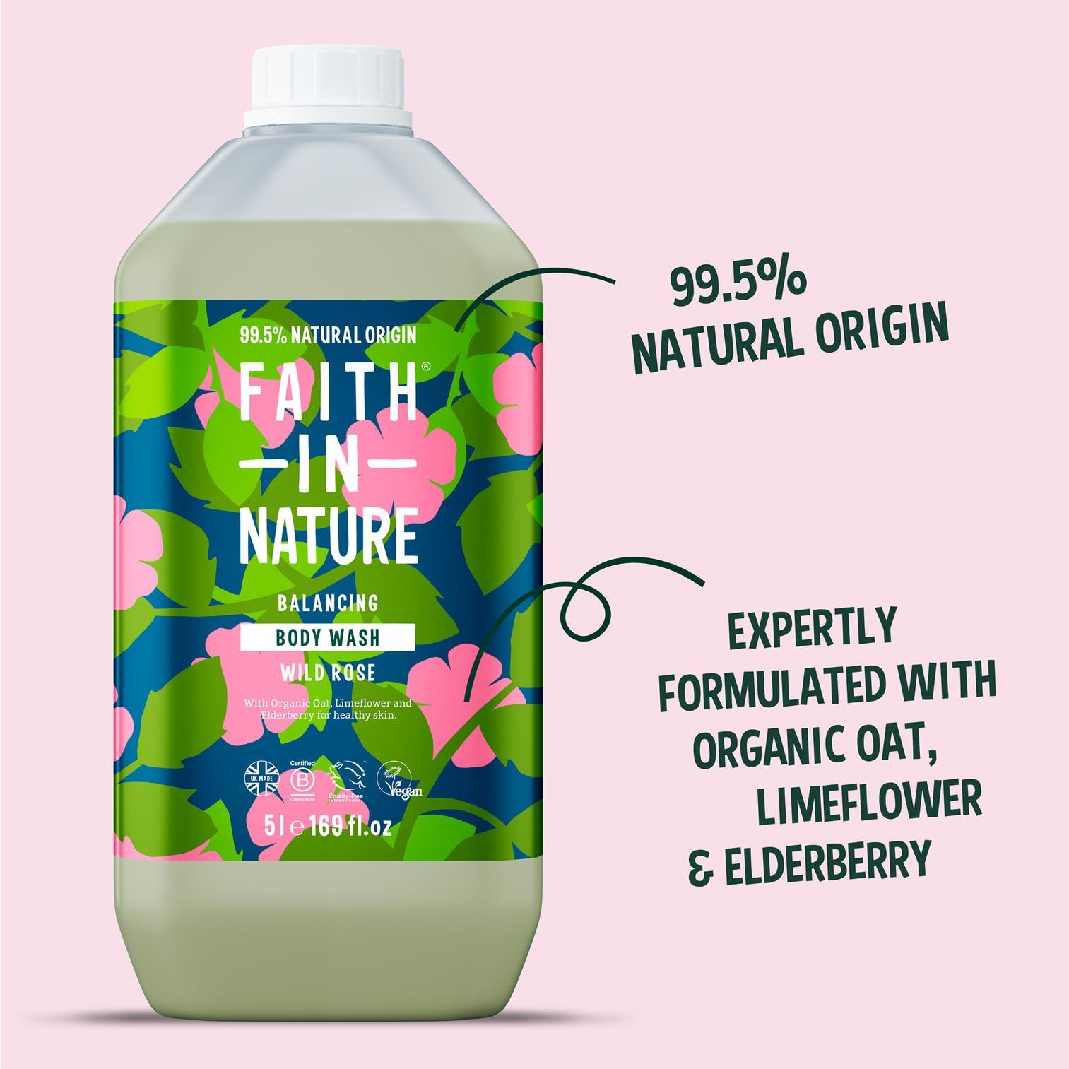 FAITH IN NATURE Wild Rose vegan cruelty-free emblem on packaging
