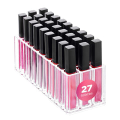 FAJ clear acrylic organizer with 27 compartments for lip glosses and brushes on vanity.