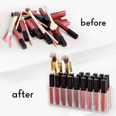FAJ makeup holder viewed from above, highlighting compartments for lipstick, lip balms and pencils.