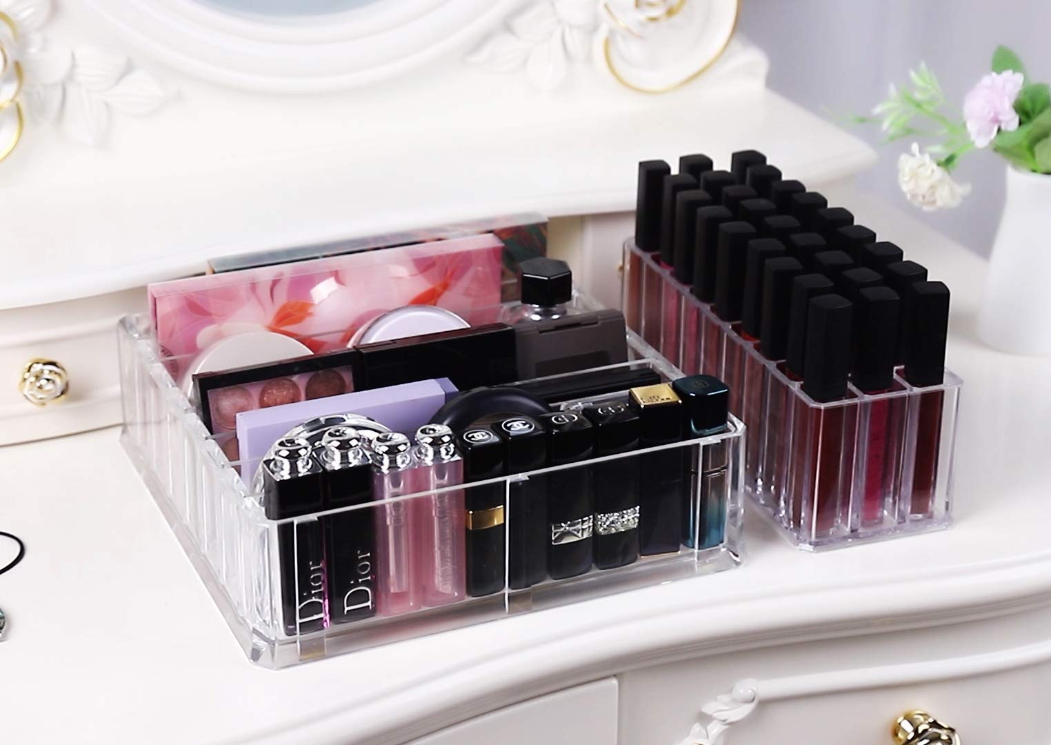 FAJ makeup organizer on bathroom counter keeping items visible and tidy.