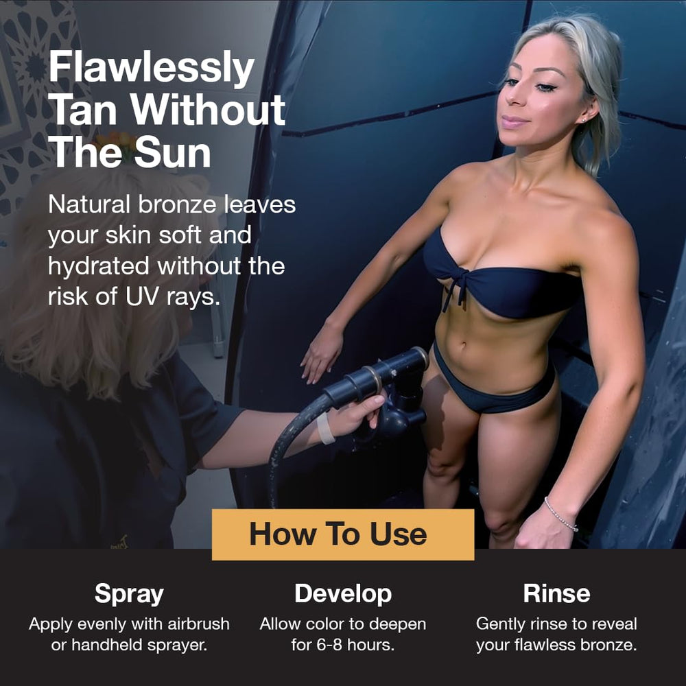 Fake Bake Darker spray tan airbrush application delivering streak-free results.