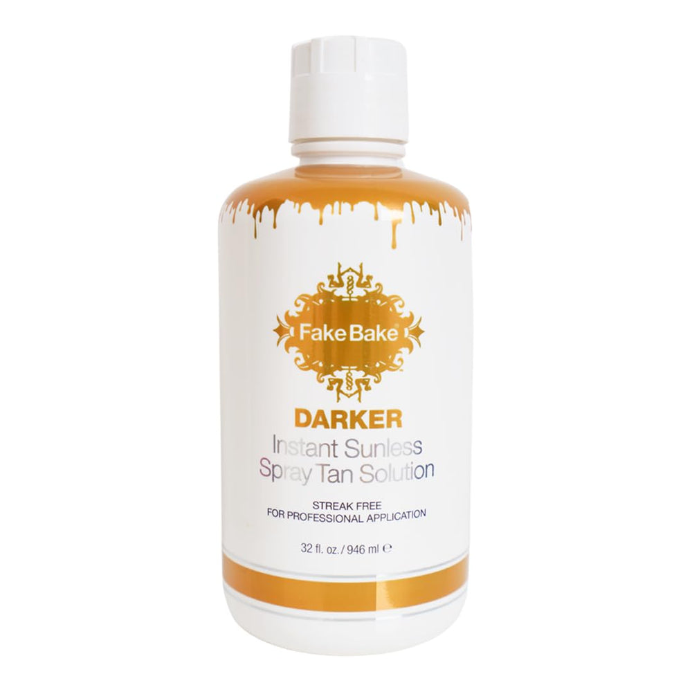 Fake Bake Darker spray tan bottle, professional packaging for salon use.