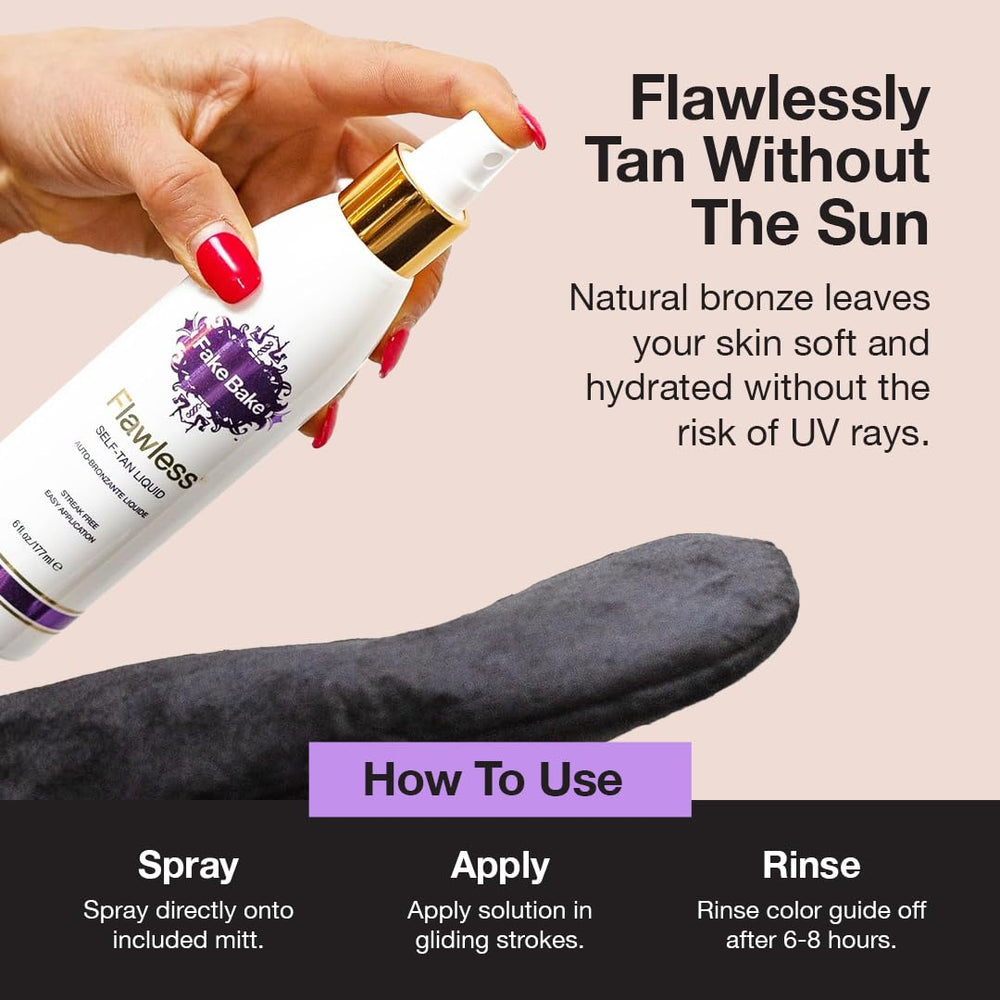 Fake Bake tanning mitt included for smooth, controlled bronzing.