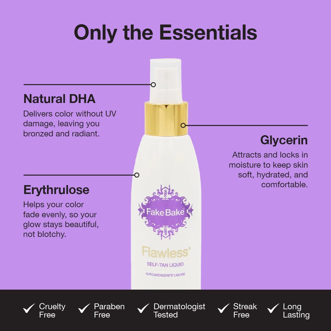 Fake Bake bottle label highlights natural DHA and clean beauty ingredients.