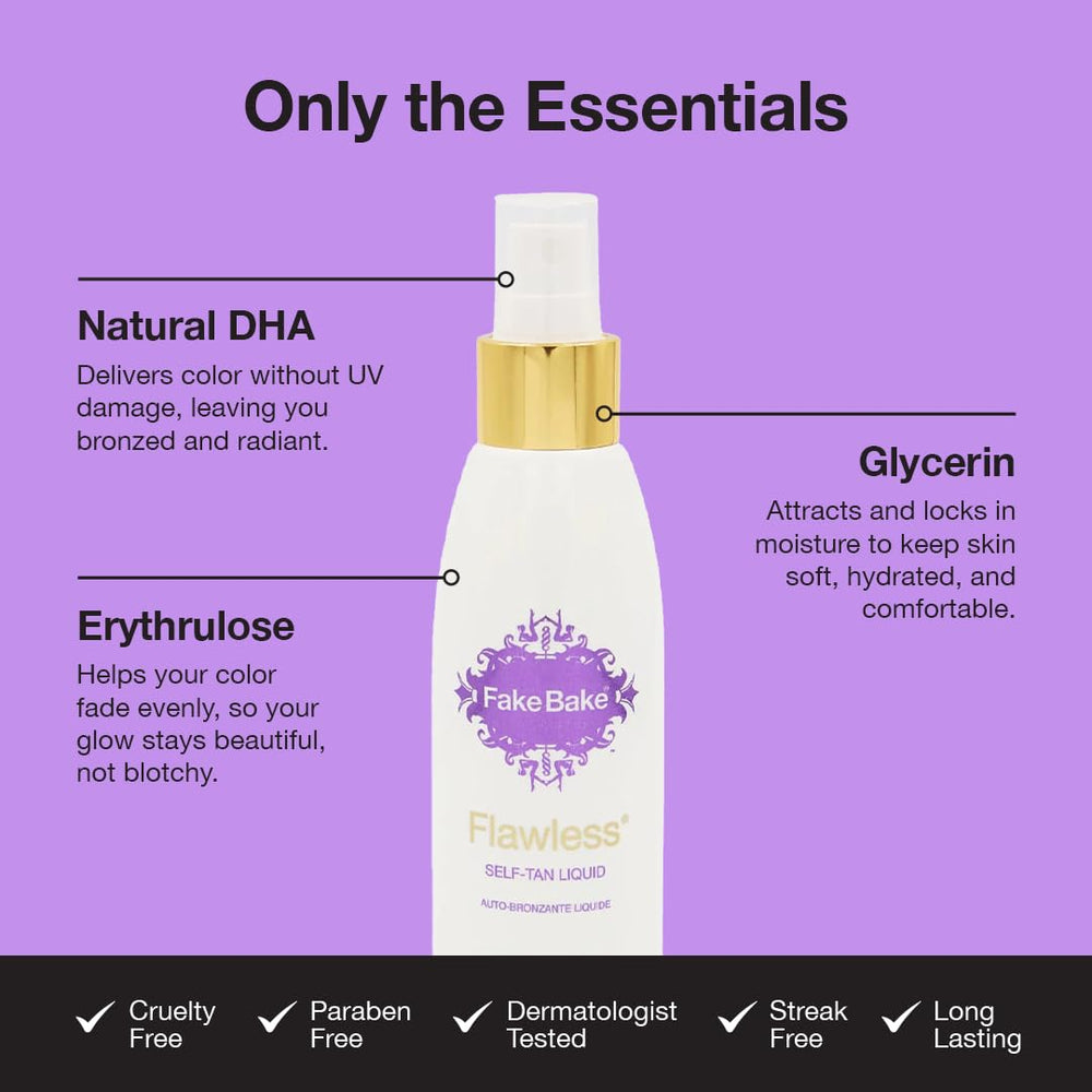 Fake Bake bottle label highlights natural DHA and clean beauty ingredients.
