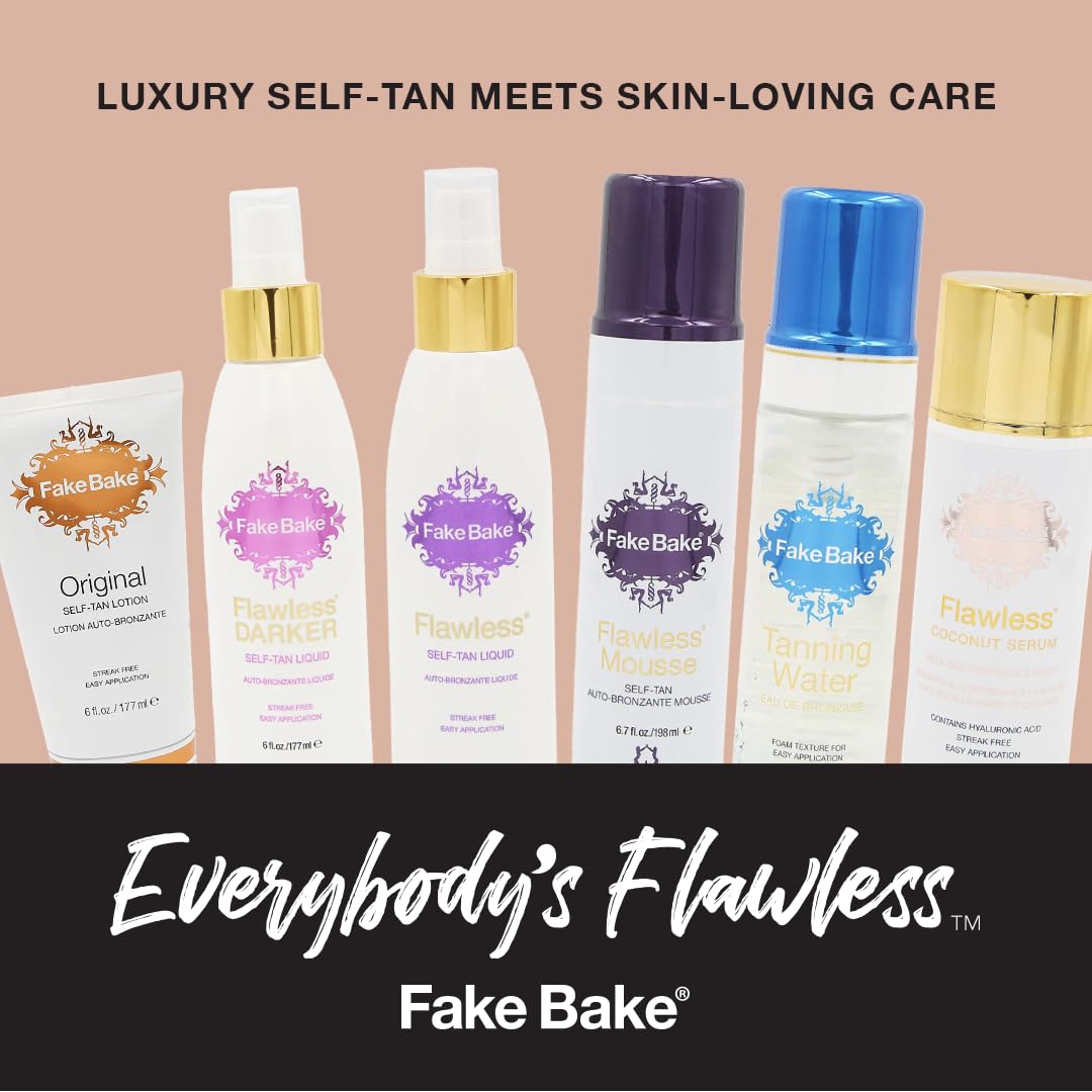 Fake Bake bottle beside tropical scent imagery suggests a fresh fragrance experience.