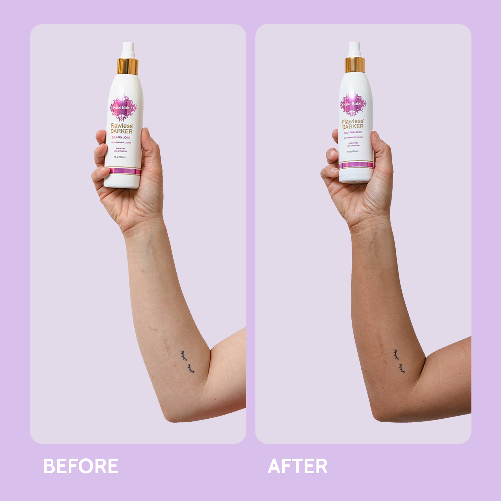 Fake Bake self-tanning liquid flawless darker bronze finish for a luxurious look.