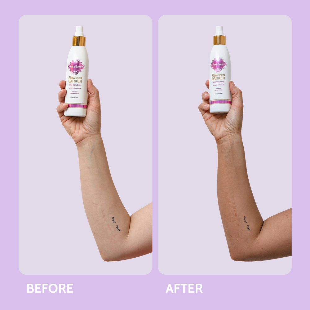 Fake Bake self-tanning liquid flawless darker bronze finish for a luxurious look.