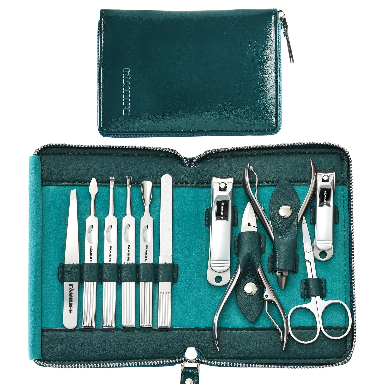 FAMILIFE Nail Kit 11-in-1 with blue leather case for organized grooming on the go.