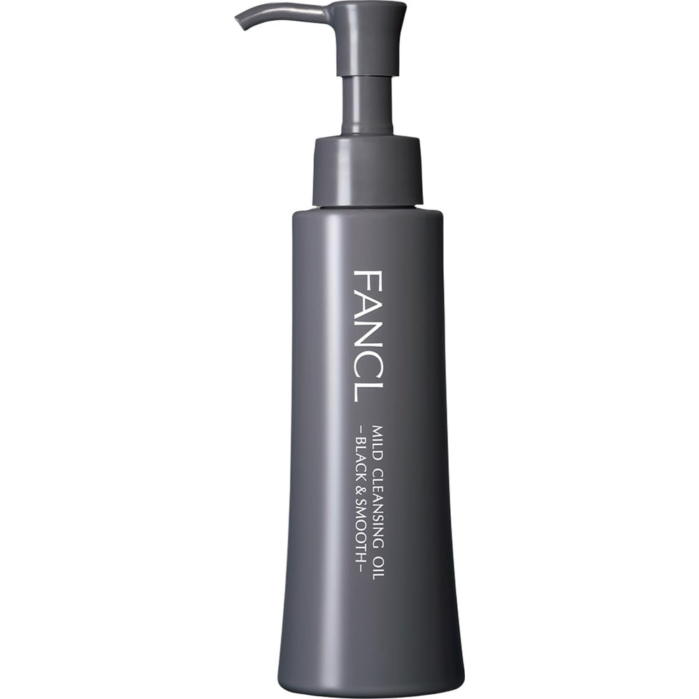 FANCL Mild Cleansing Oil Black & Smooth bottle shows the charcoal formula for gentle makeup removal