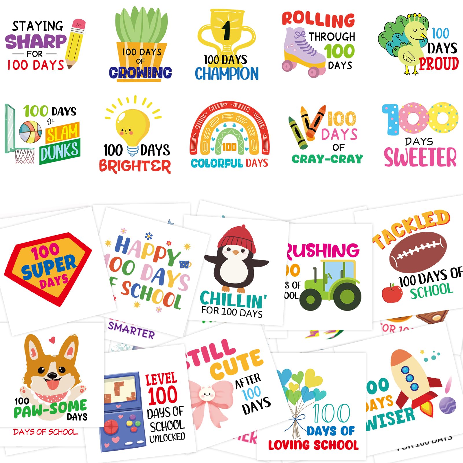 Fancy Land 100 Days Tattoos sheets show assorted designs for quick classroom rewards.