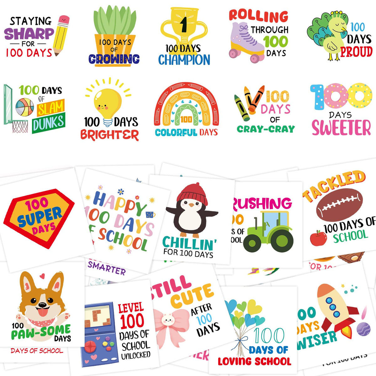 Fancy Land 100 Days Tattoos sheets show assorted designs for quick classroom rewards.