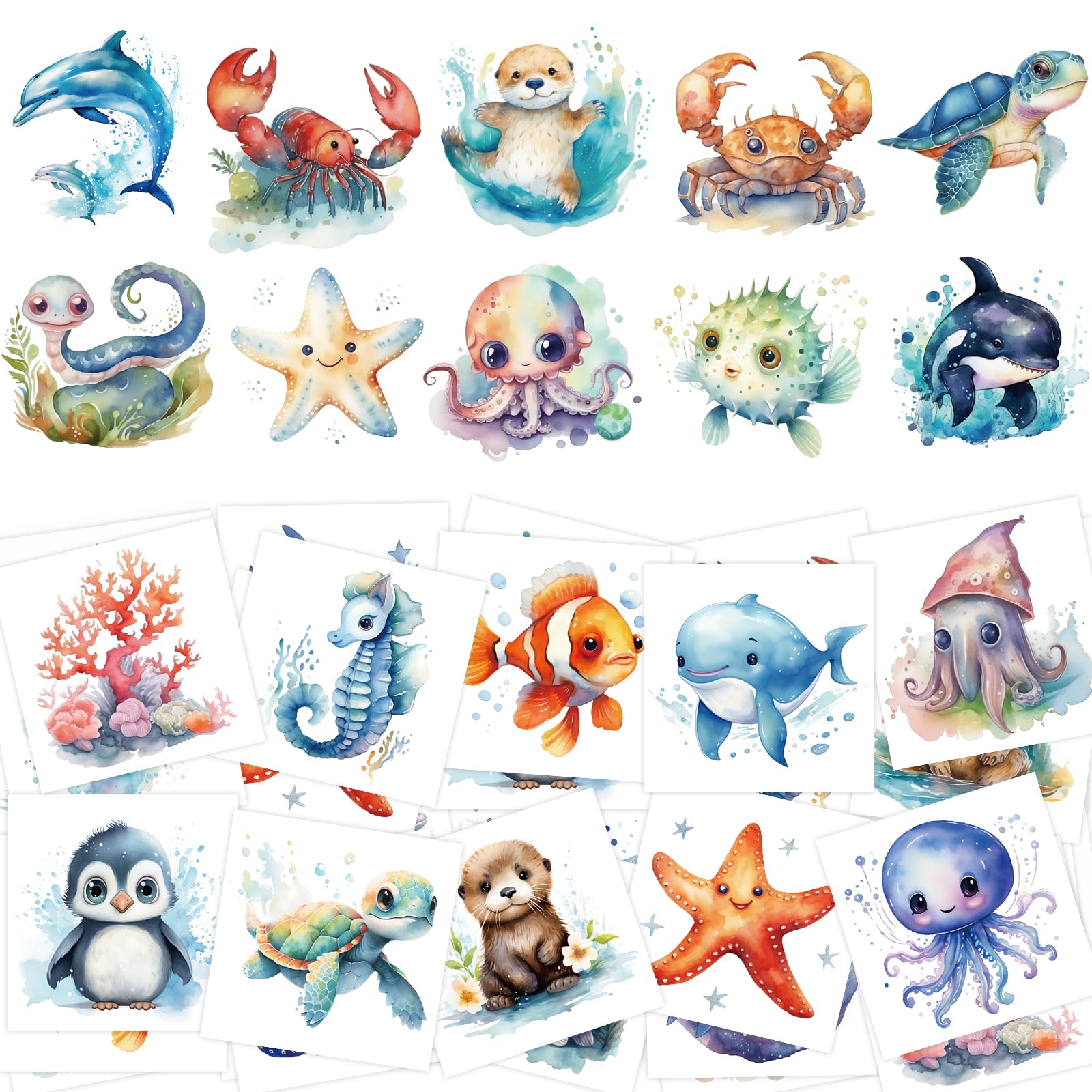 Fancy Land ocean animals tattoos sheet with vibrant sea creatures for party favors.