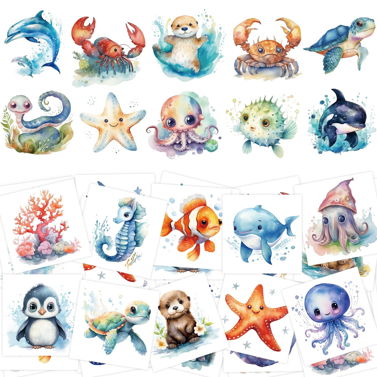 Fancy Land ocean animals tattoos sheet with vibrant sea creatures for party favors.