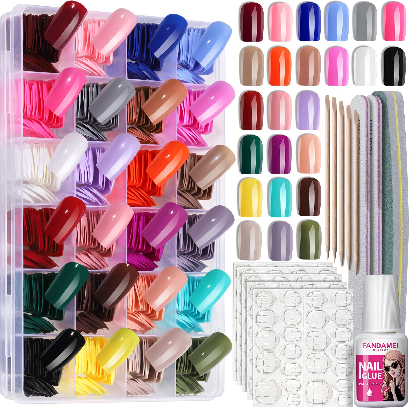 Fandamei 24-colors press-on nails square set for versatile daily looks