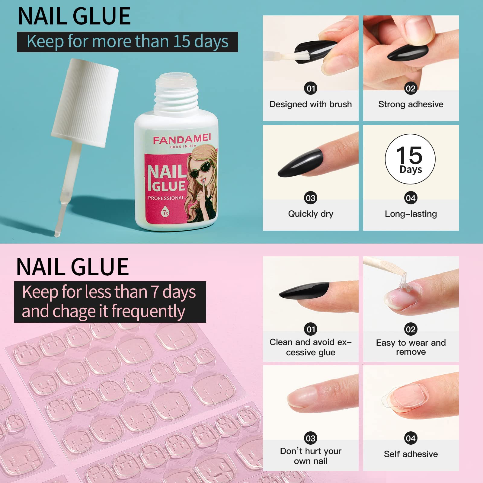 Fandamei adhesive nail tabs and 120pcs for easy, damage-free changes.