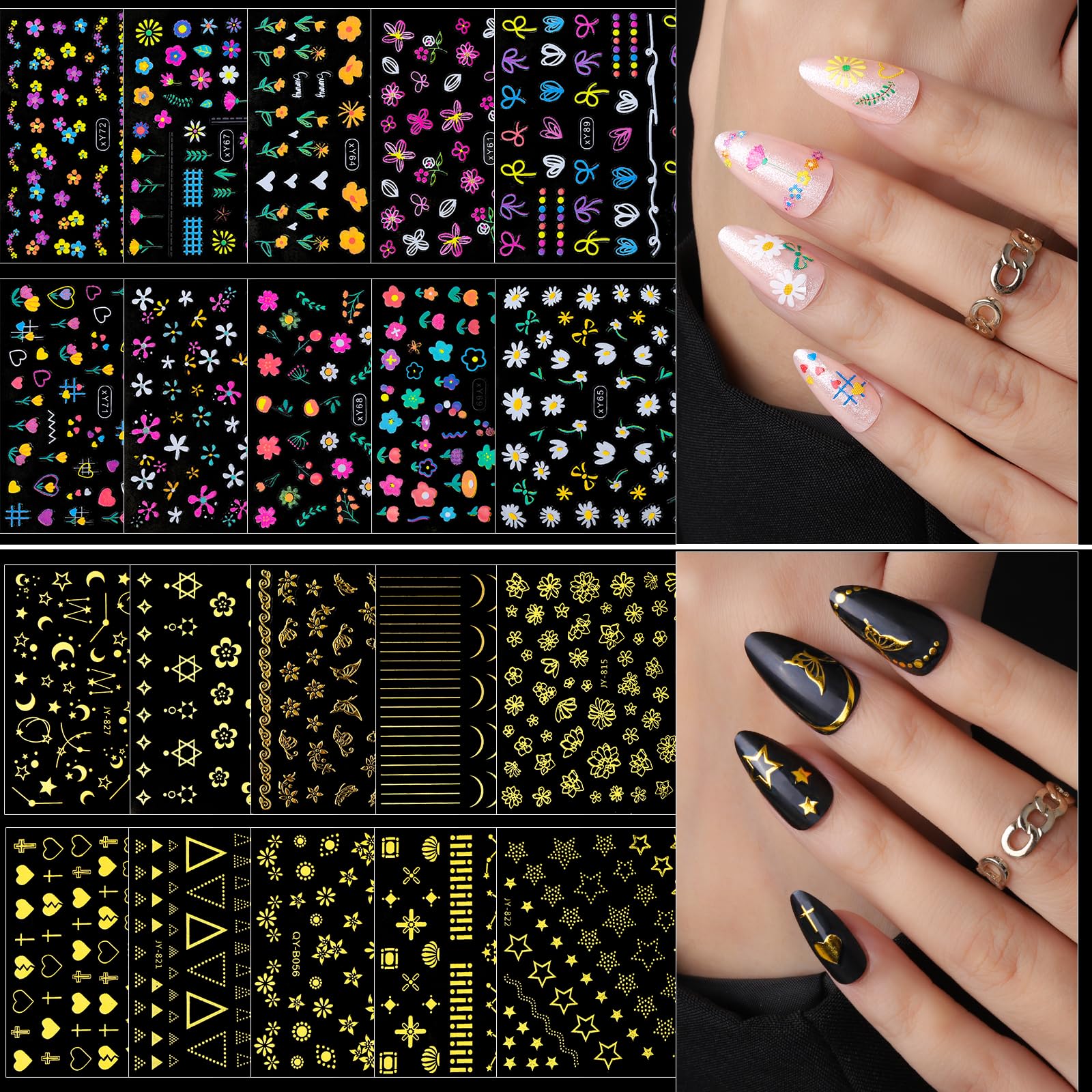 Fandamei gold nail stickers add luxe shine and bold patterns.