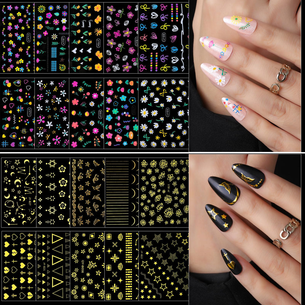 Fandamei gold nail stickers add luxe shine and bold patterns.