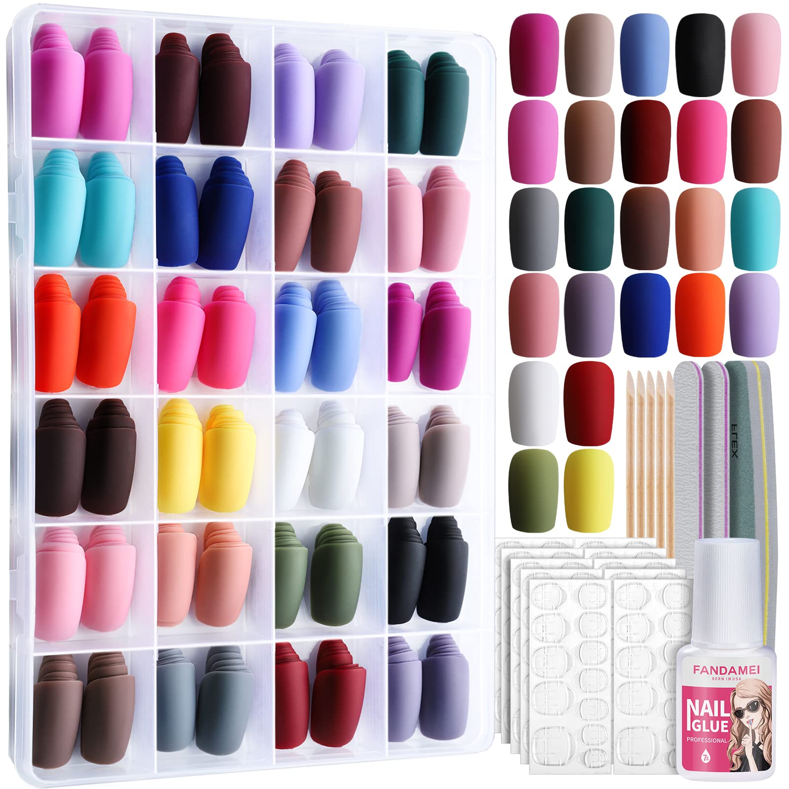 Fandamei matte press-on nails box showing 24-pack assortment for quick at-home manicures