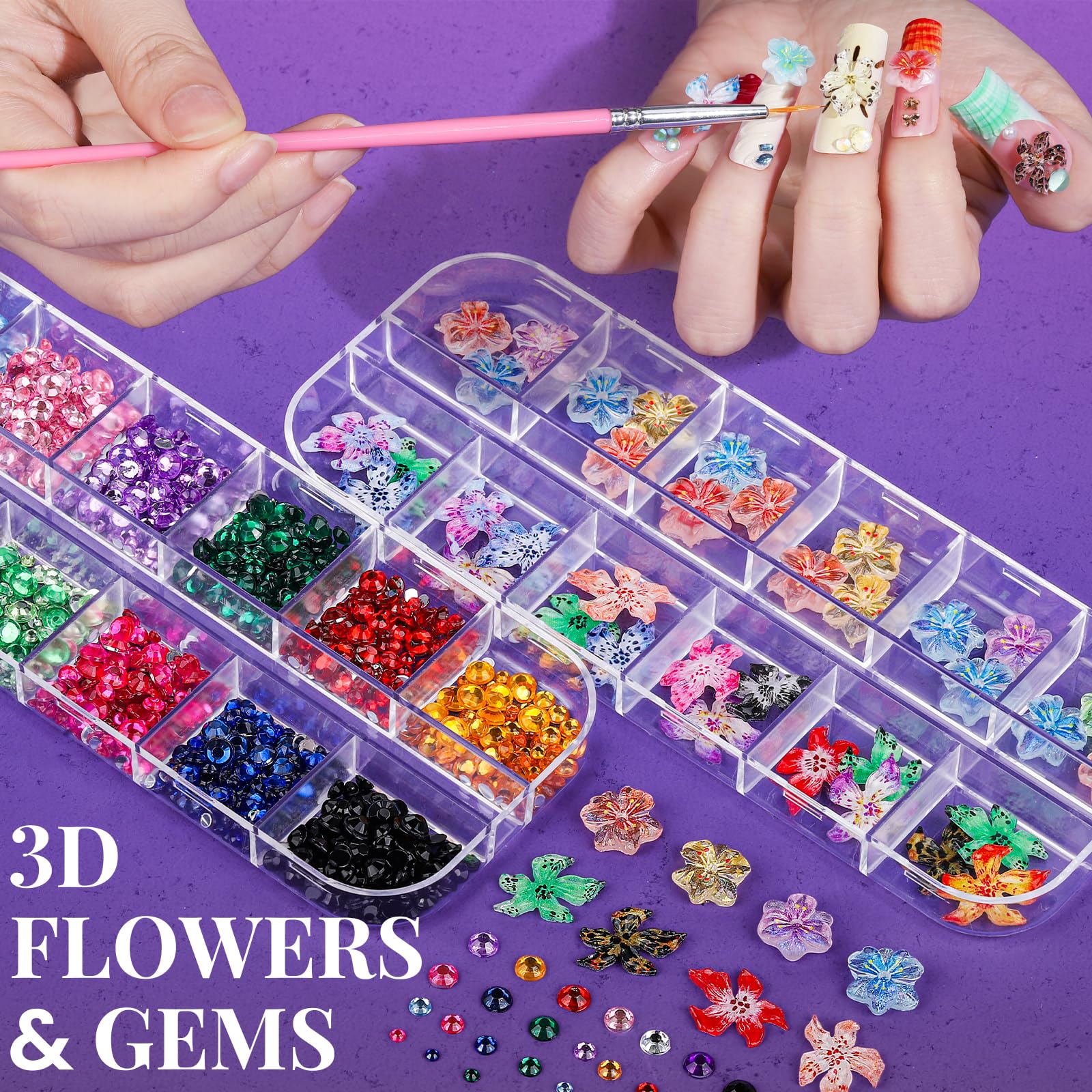 Close-up of Fandamei iridescent 3D charms and rhinestones for sparkling accents.