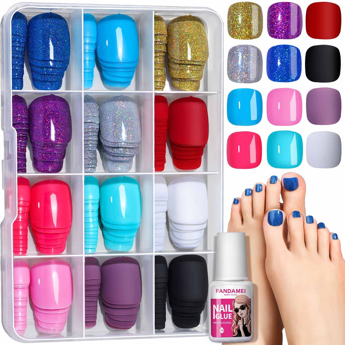 Fandamei glitter press-on toenails offer dazzling color options for quick party-ready pedicures.