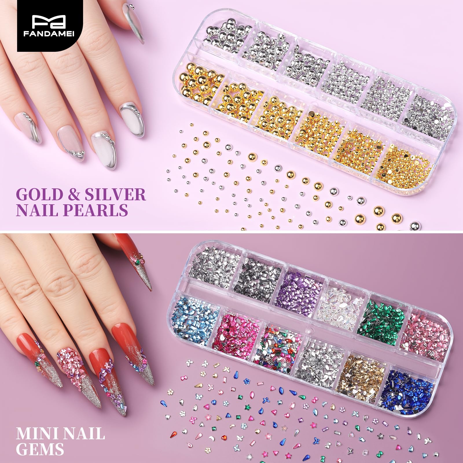 Fandamei white AB rhinestones for elegant nail accents.