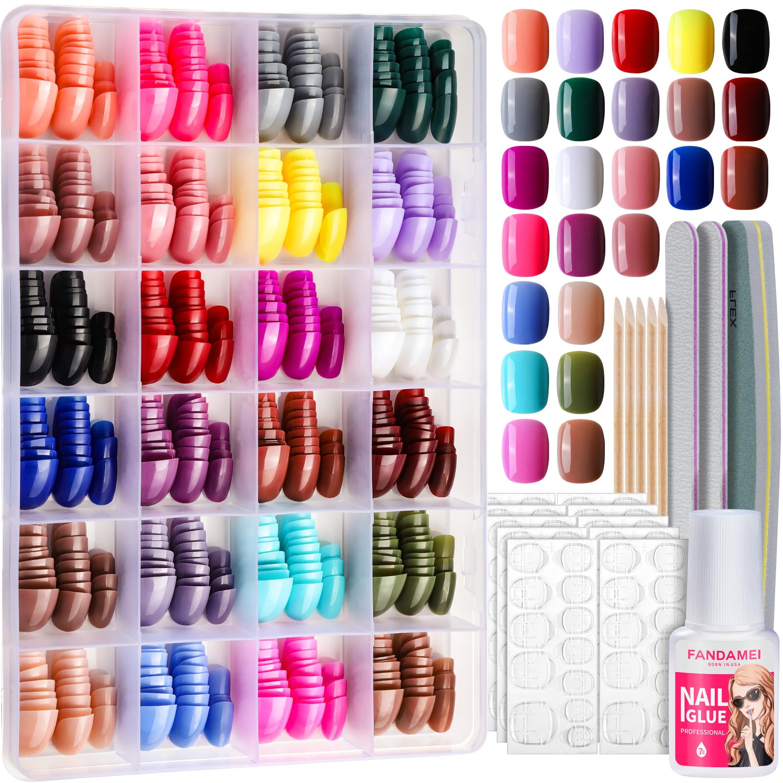 Fandamei short press on nails color packaging shows variety for at home manicures