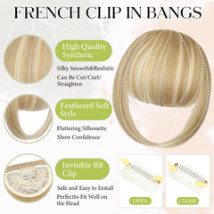 Fanguilar bangs clip soft synthetic fibers with natural shine.