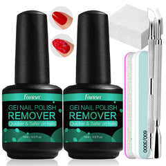 Fanisn gel nail remover bottle pour demonstrates quick 2-5 minute removal.