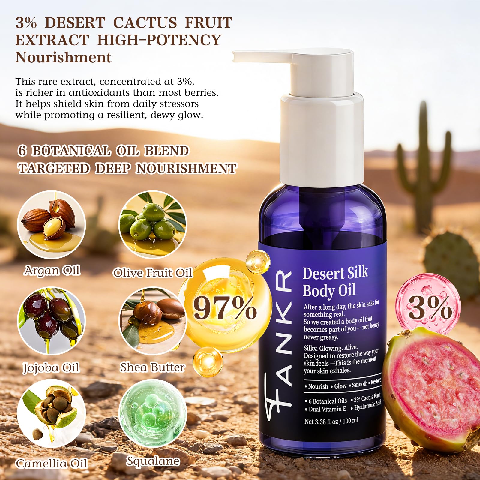 Fankr Desert Silk Oil highlights 3% cactus fruit for elasticity.