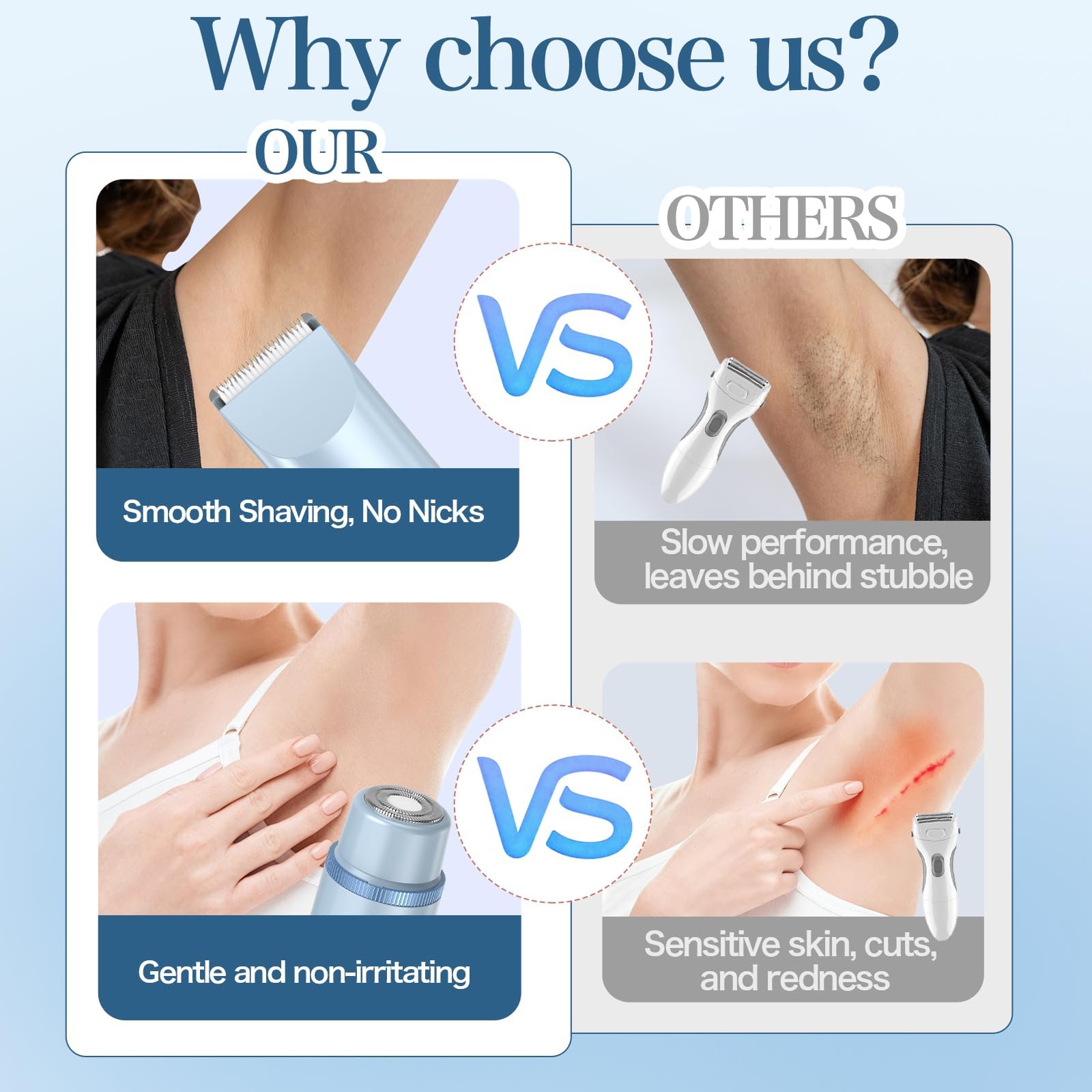 FANKRUAI bikini trimmer blue in use for bikini line and legs in one pass