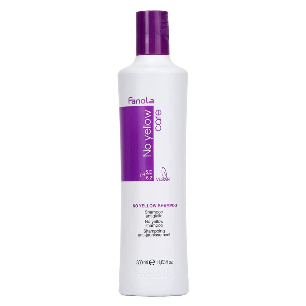Fanola No Yellow purple shampoo bottle neutralizes brassiness for blond and grey hair.