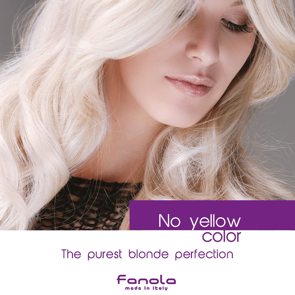 Fanola No Yellow salon display conveying easy weekly maintenance at home.