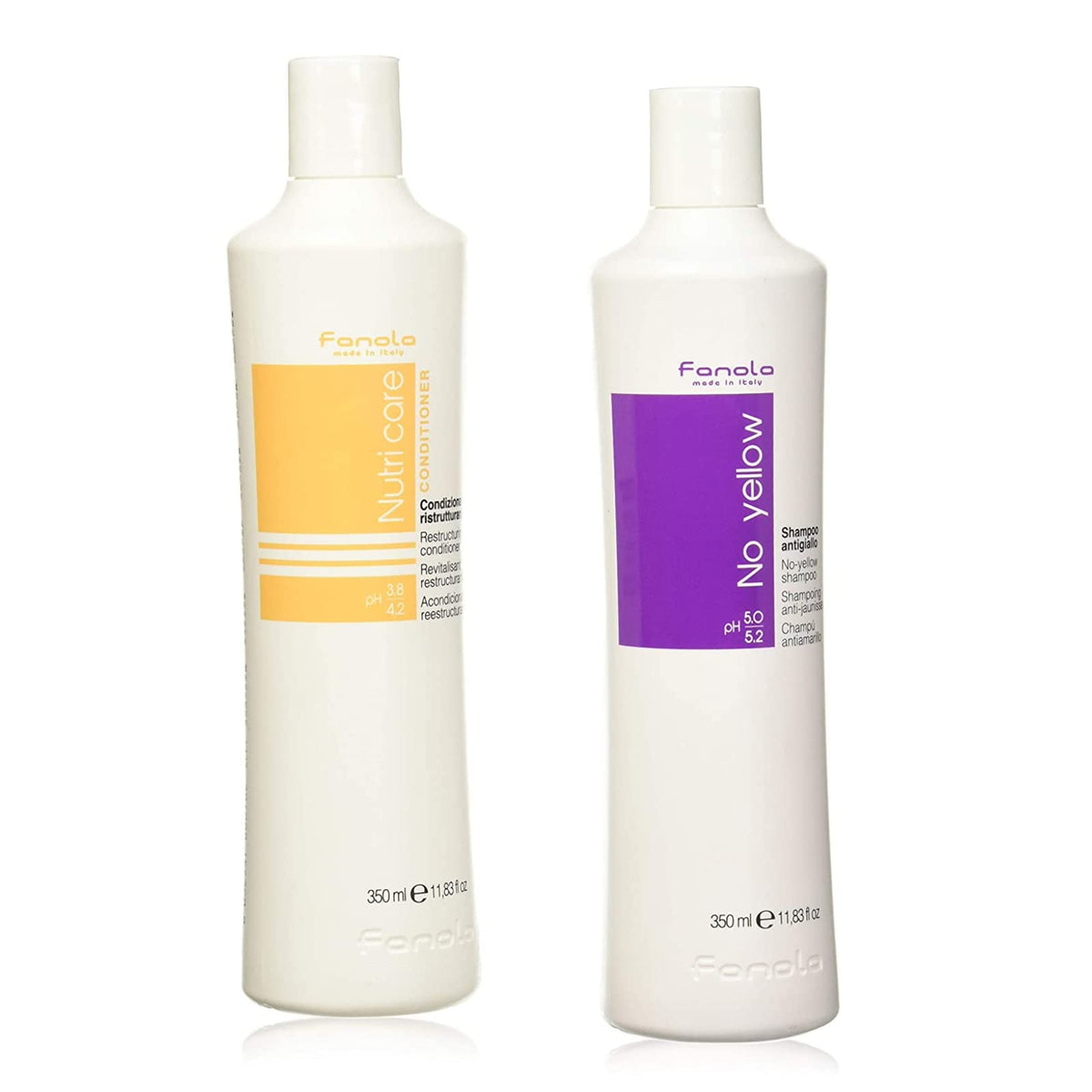 Fanola No Yellow Shampoo bottle pouring with violet pigments to neutralize brass