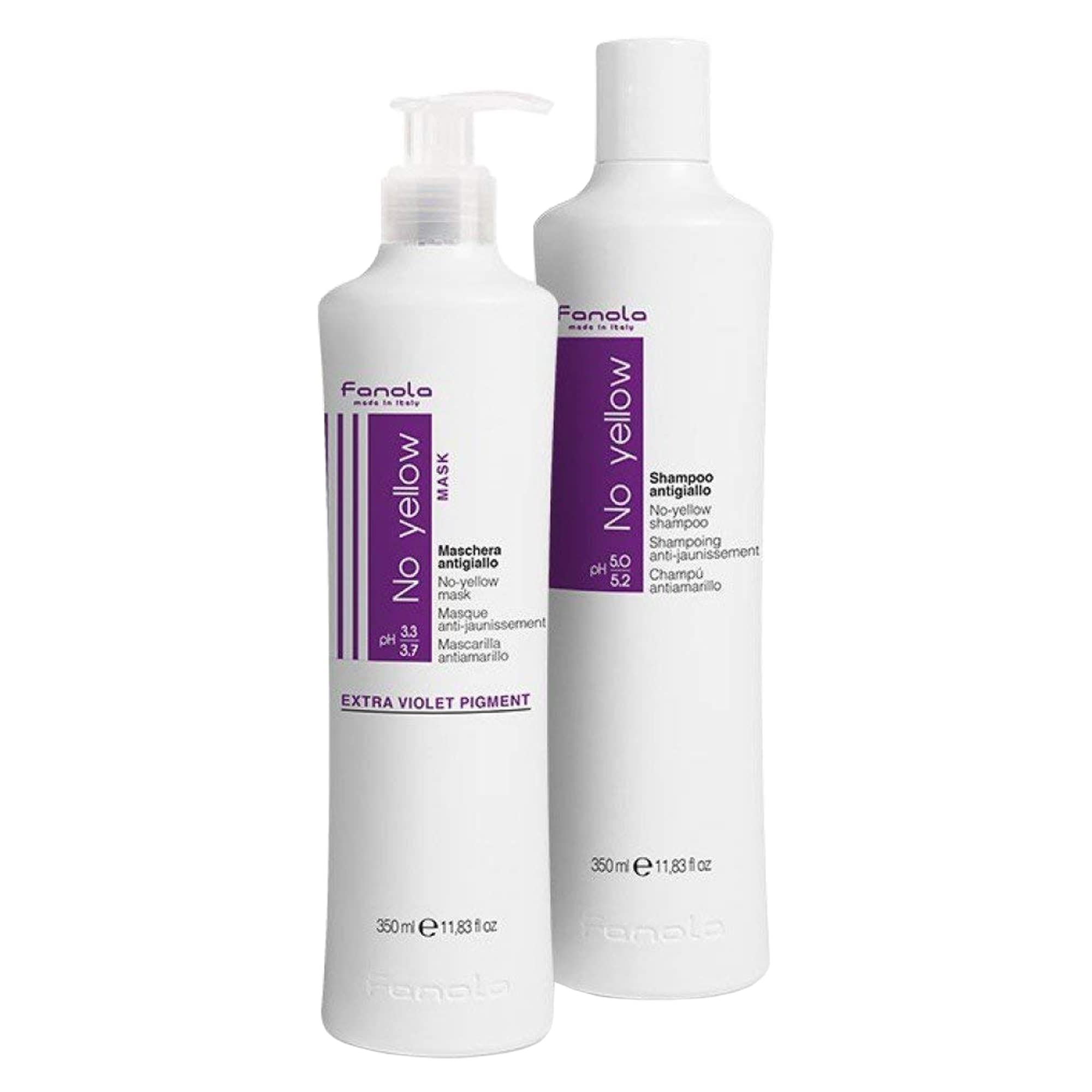 Fanola No Yellow shampoo bottle shows violet toning for cool blonde results.
