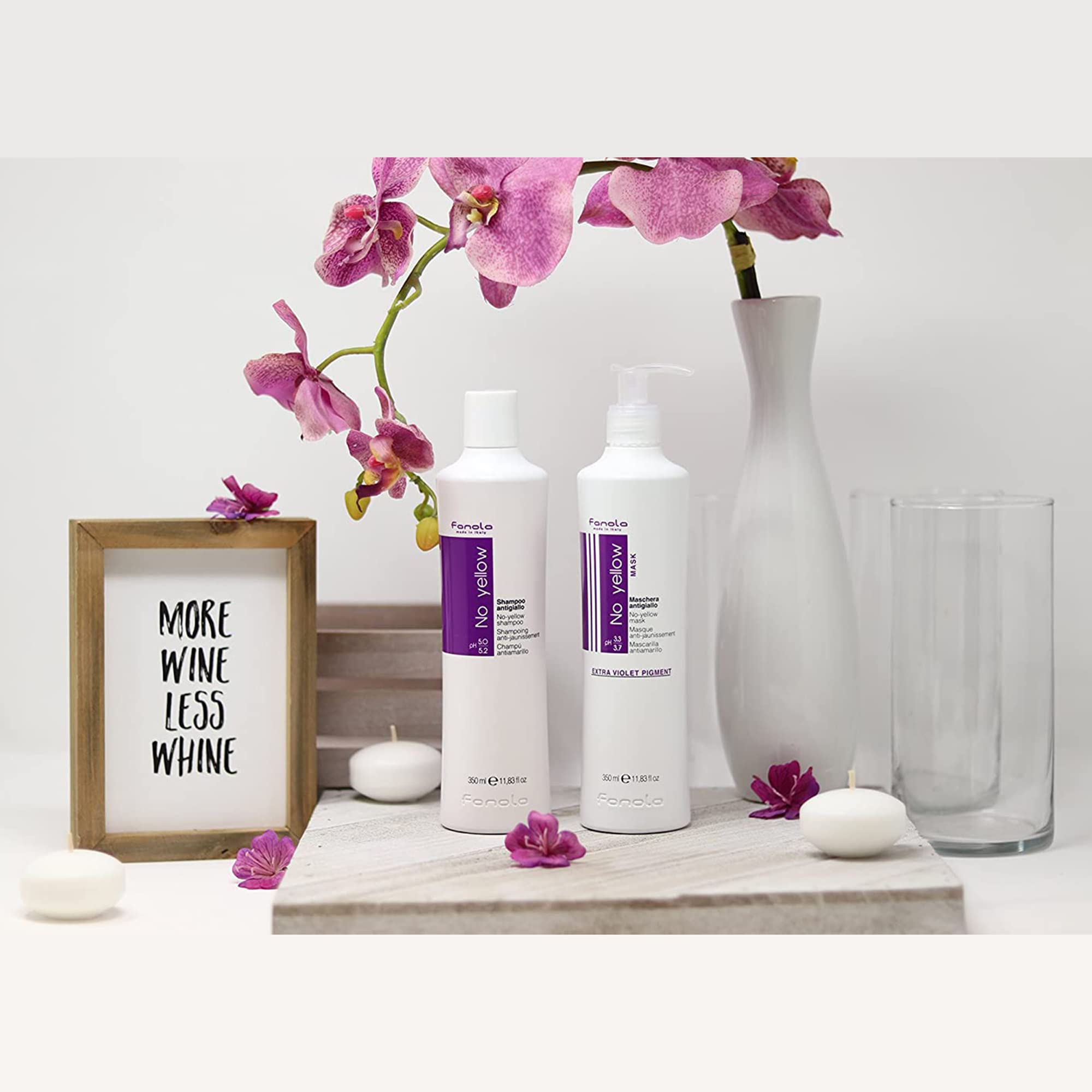 Creamy lather from Fanola No Yellow shampoo neutralizes brassiness on blonde hair.