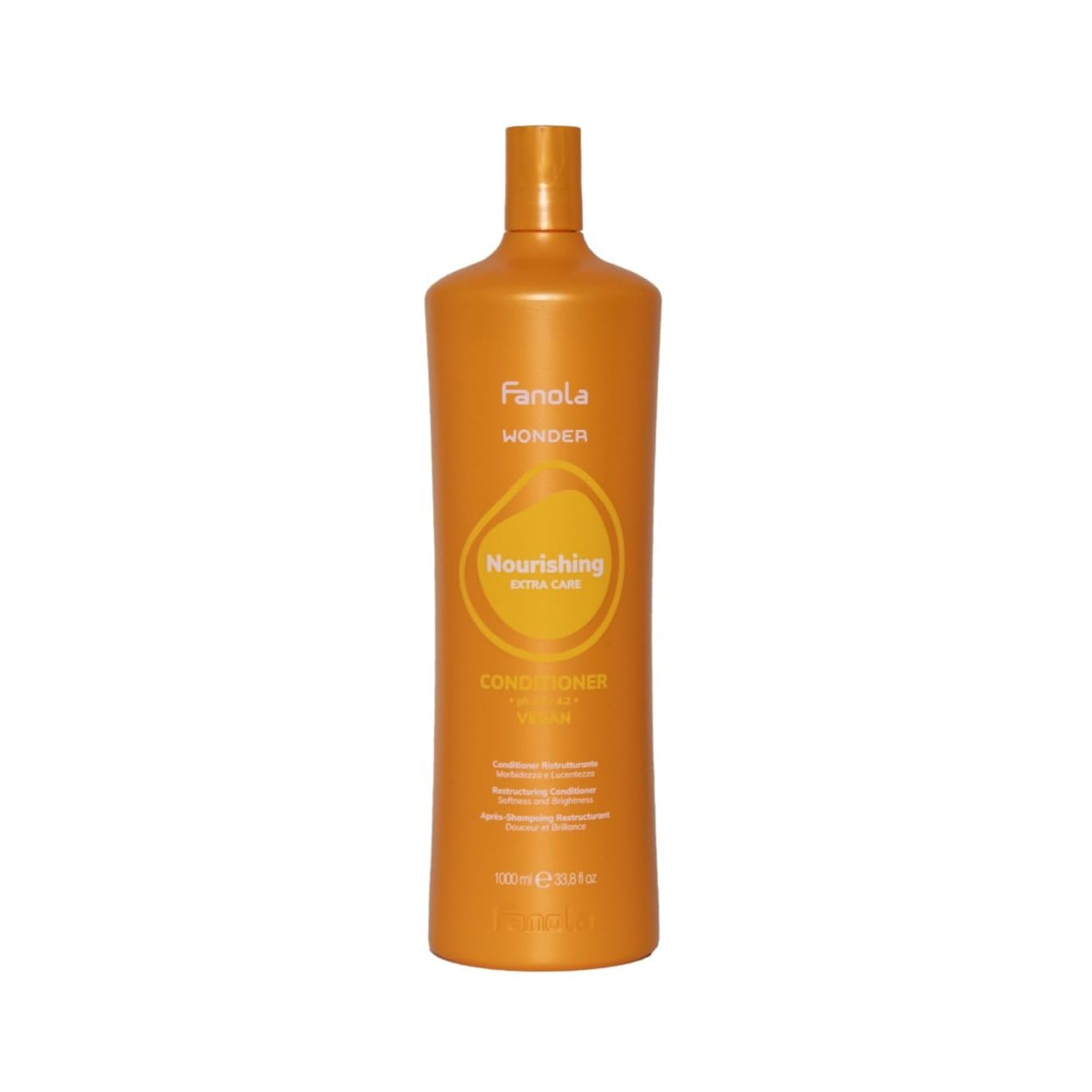 Fanola Nourishing Wonder bottle close-up showing rich hydration for dry hair.